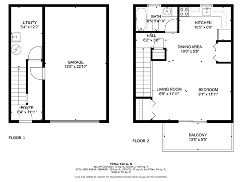 Floor plan for 1 bed, 1 bath, 440 sqft
